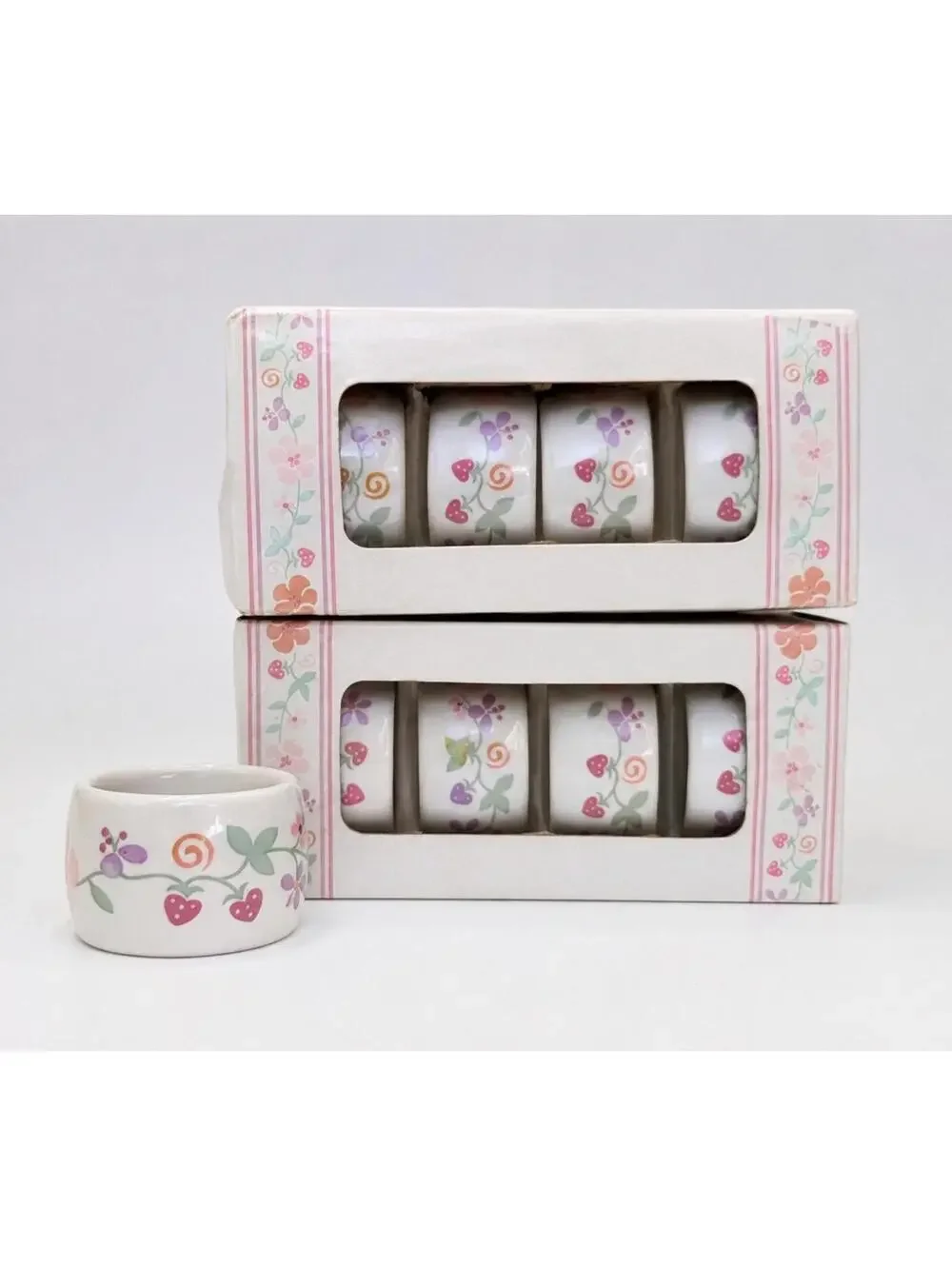 Vintage Cottagecore Strawberry Heart Napkin Rings Set Stoneware Country Bouquet